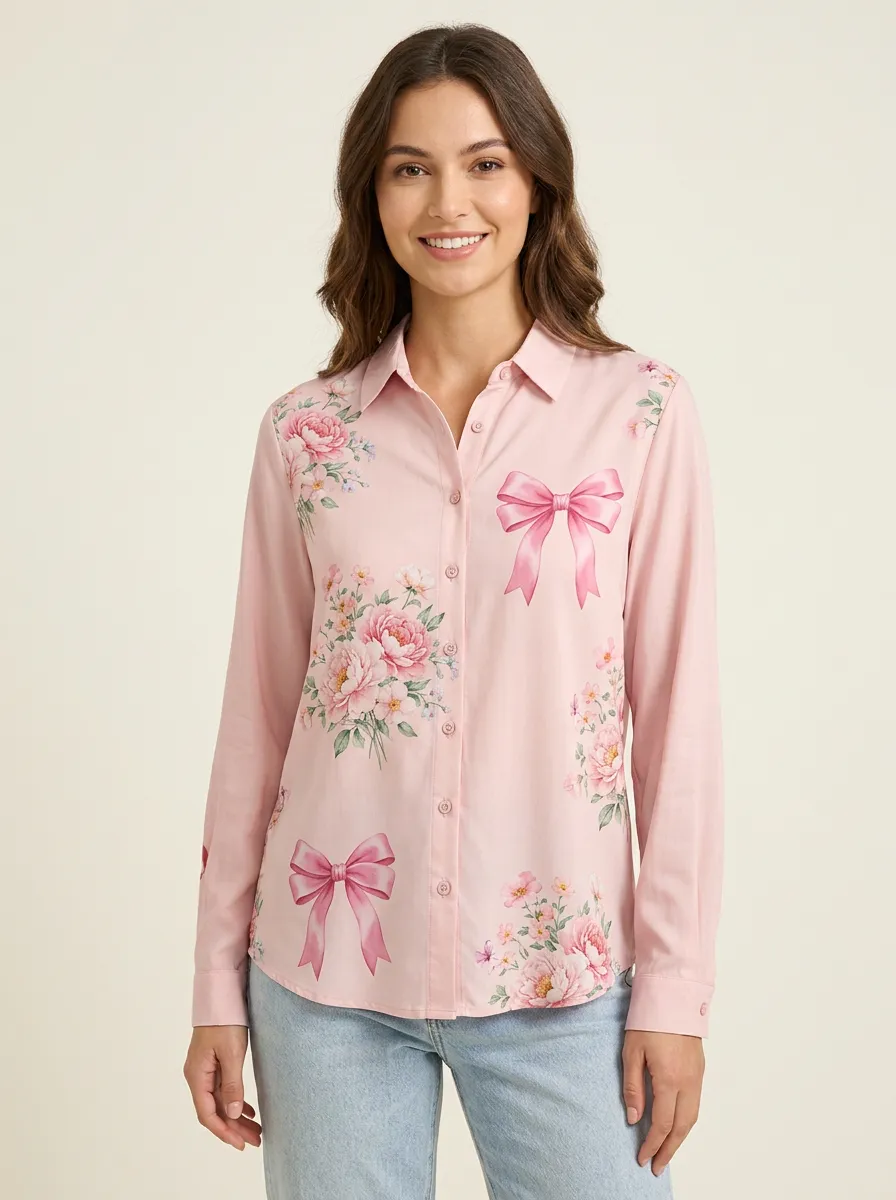 Women's Breast Cancer Awareness Floral Bow Printed Button-Down Shirt
