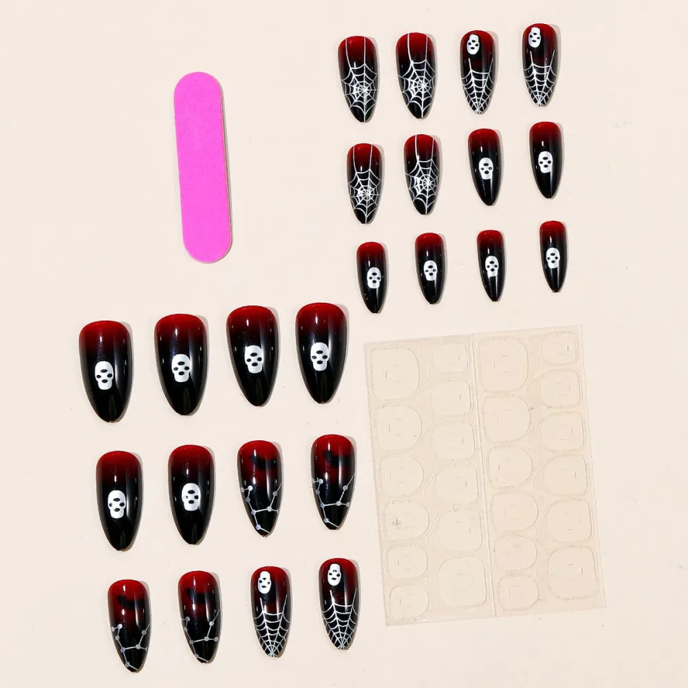 Nailhour 24Pcs Halloween Red Gradient Spider Web Skeleton Short Almond Press On Nails