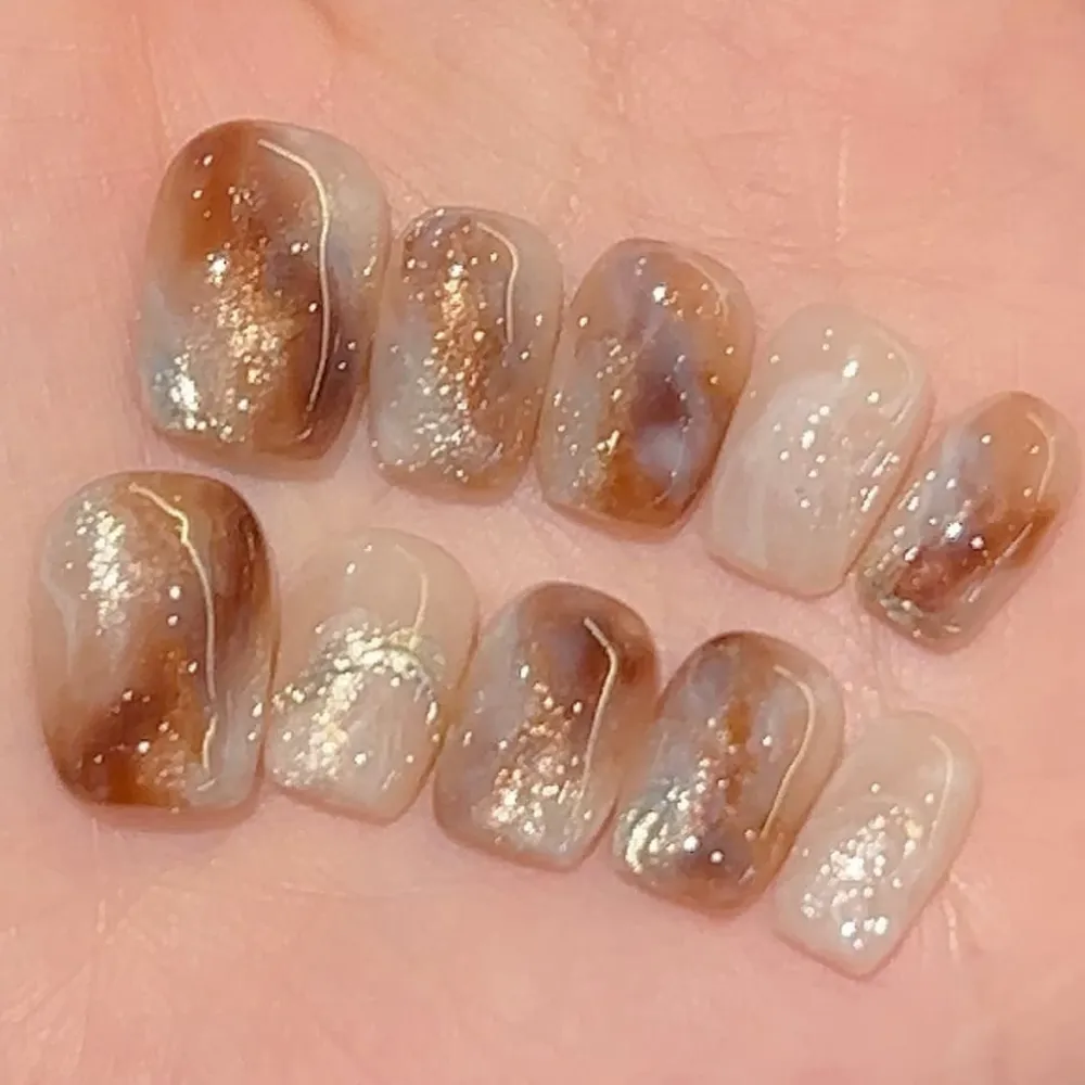 Nailhour 10Pcs Cat Eye Autumn Glitter Short Square Press On Nails