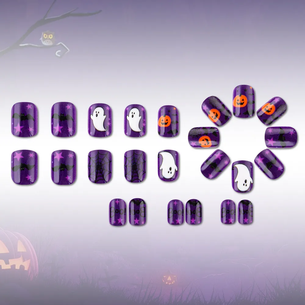 Nailhour 24Pcs Purple Square Pumpkin Ghost Halloween Press On Nails