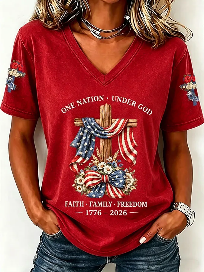 Women'S America Flag Floral Print Casual V-Neck T-Shirt