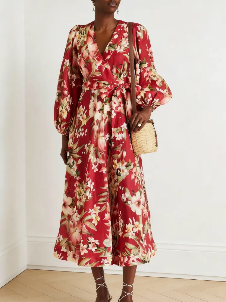 Surplice Printed Long Sleeve Dress