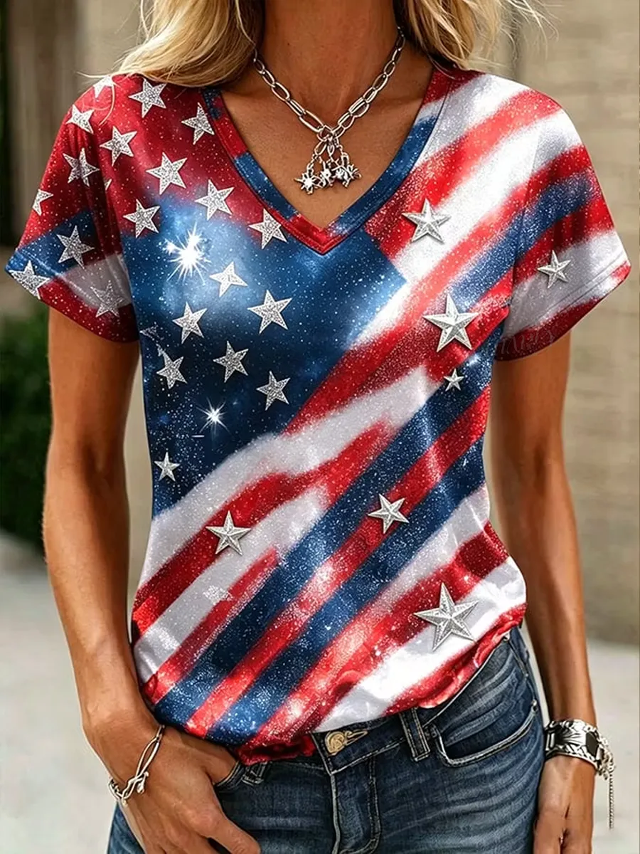 Women'S Casual V-Neck T-Shirt With American Flag Day Print