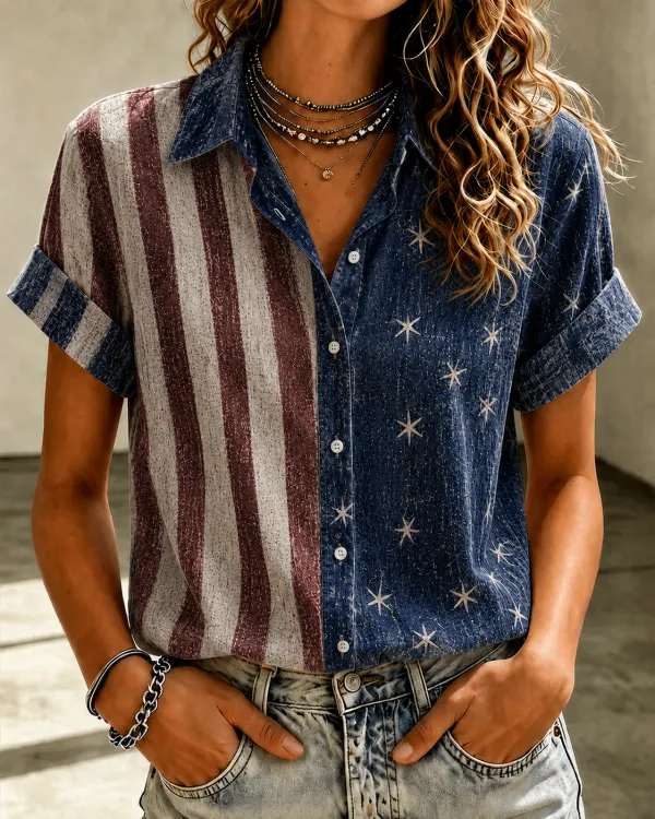 Women'S Casual American Flag 250Th Anniversary Celebration Floral Embroidery Printed Lapel Shirt