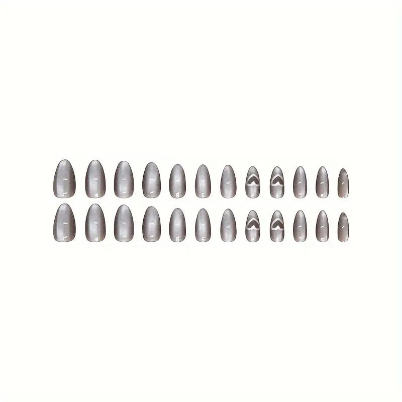 Nailhour 24Pcs Minimalist French Grey Love Cat Eye Short Almond Press On Nails
