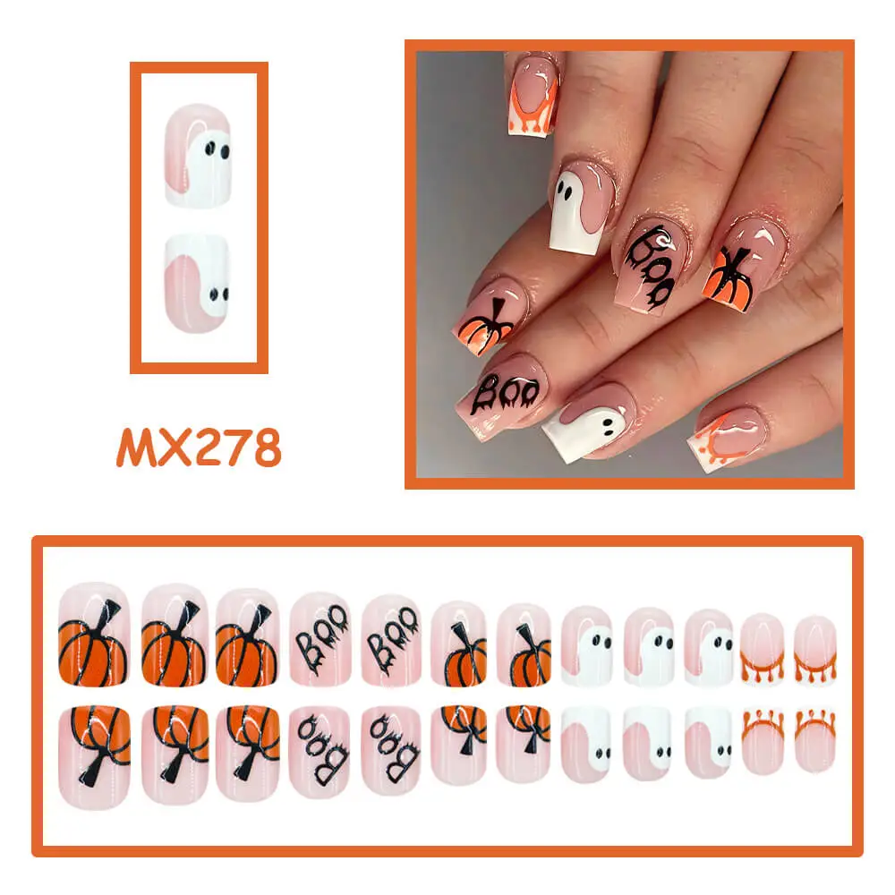 Nailhour 24Pcs Halloween Short Square Pumpkin Ghost Press On Nails