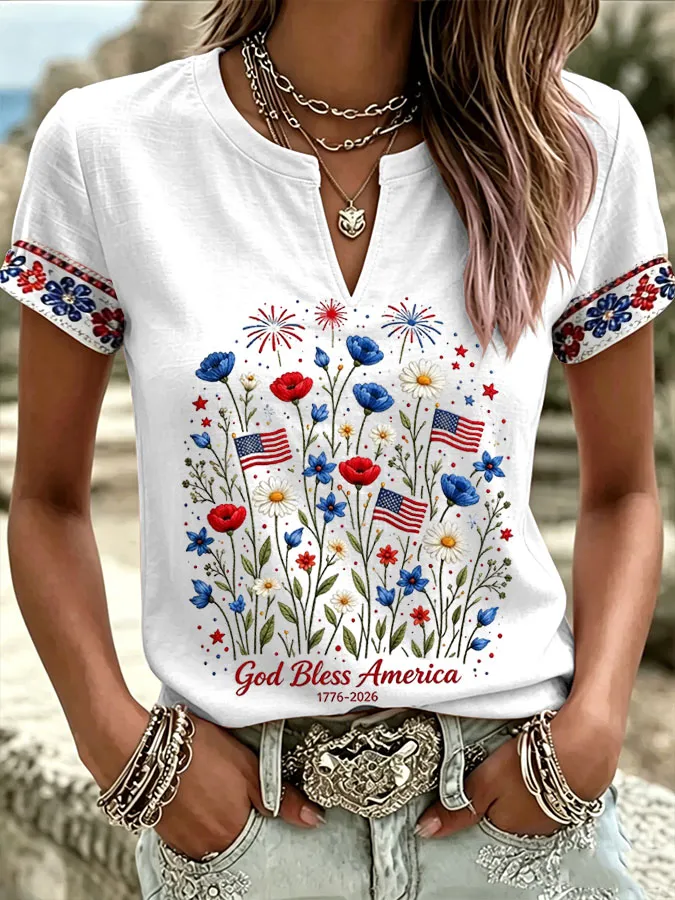 Women'S God Bless America Printed Casual Cotton Linen Short Sleeved Shirt