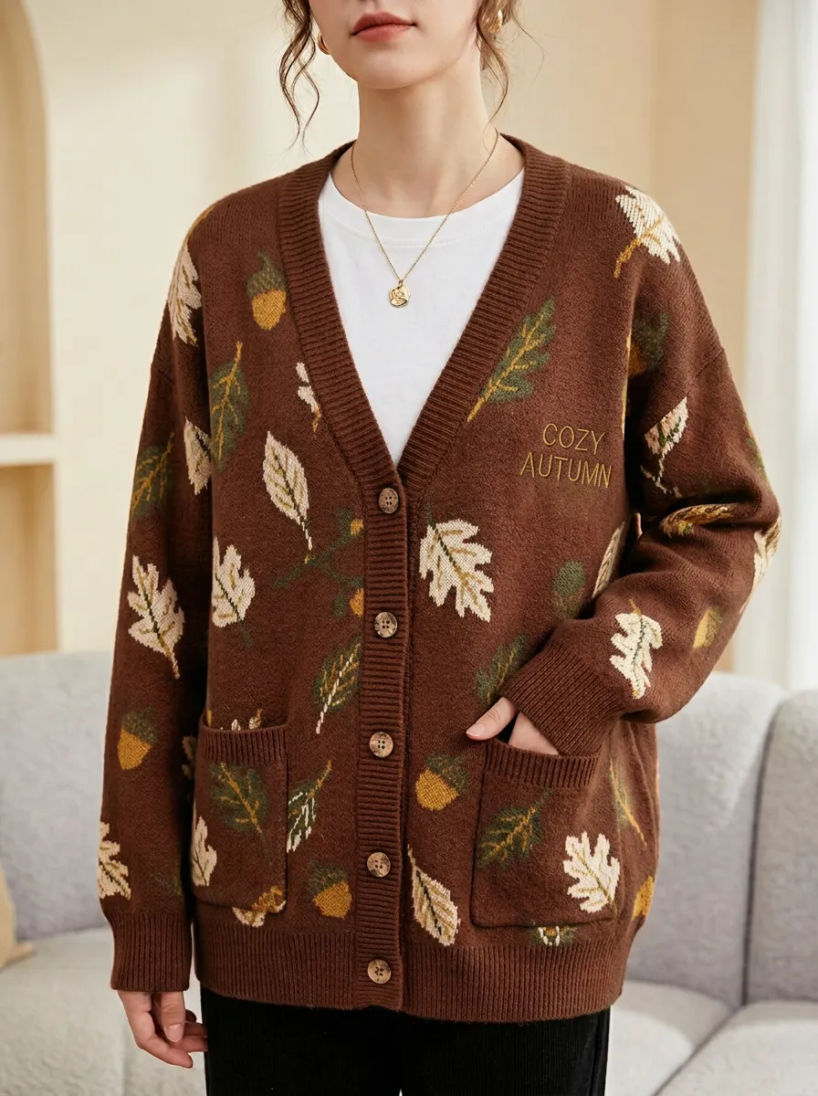 Botanical Acorn Leaf Pattern Embroidered Women's Knit Cardigan