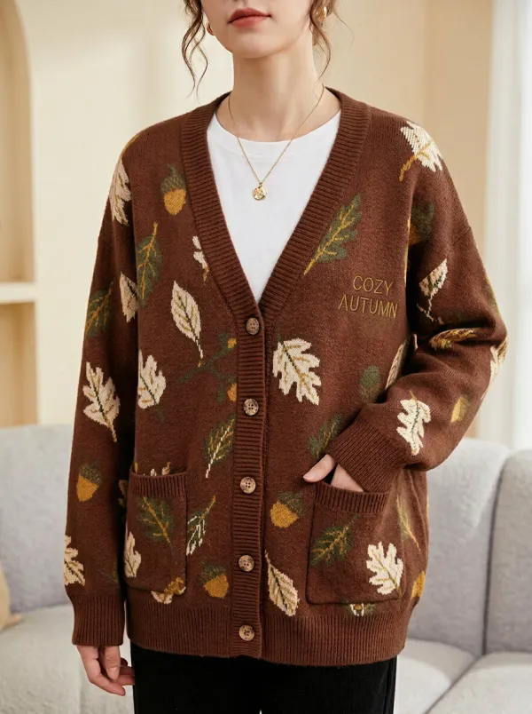 Botanical Acorn Leaf Pattern Embroidered Women's Knit Cardigan