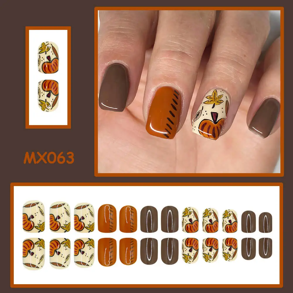 Nailhour 24Pcs Halloween Short Square Maple Leaf Press On Nails