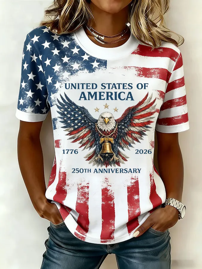 Ladies' Casual 250Th Anniversary Celebration Of The Founding Of The United States, Personalized Printed Round Neck T-Shirt