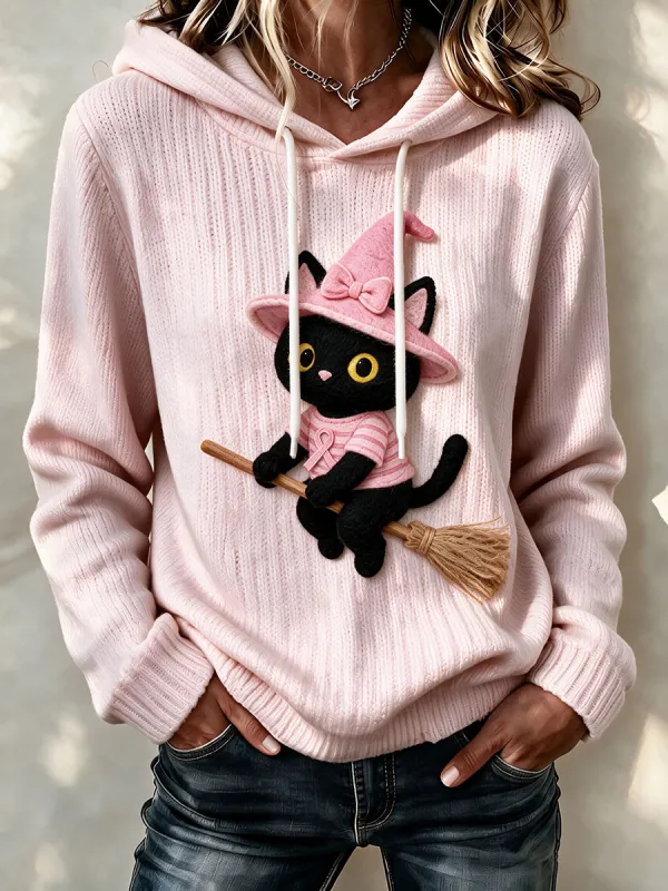 Women's Pink witch hat black cat hooded knitted sweatshirt
