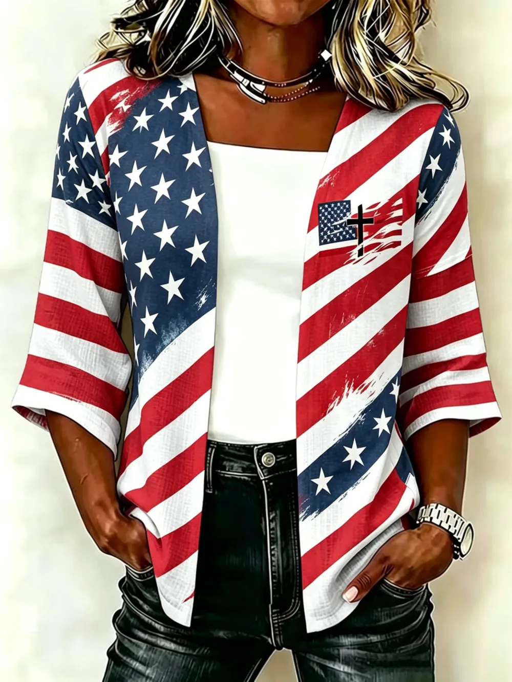 Ladies' Casual American Flag Faith Cross Personalized Printed Cardigan Shirt