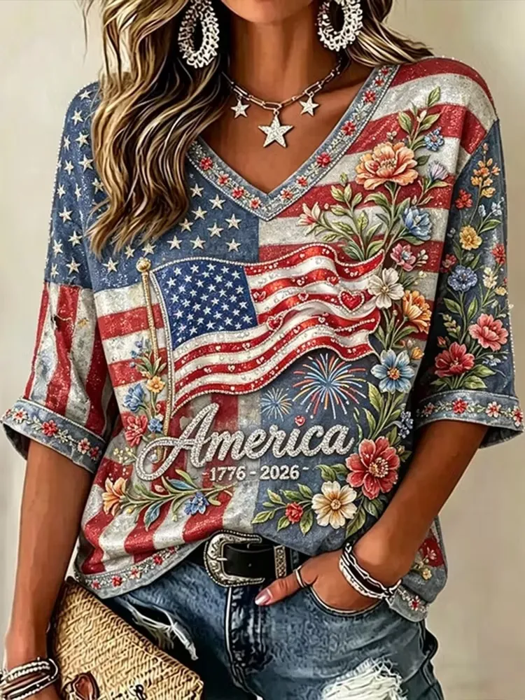 Women's Independence Day Flag And Floral Print Cotton Linen V-neck Short Sleeve Top