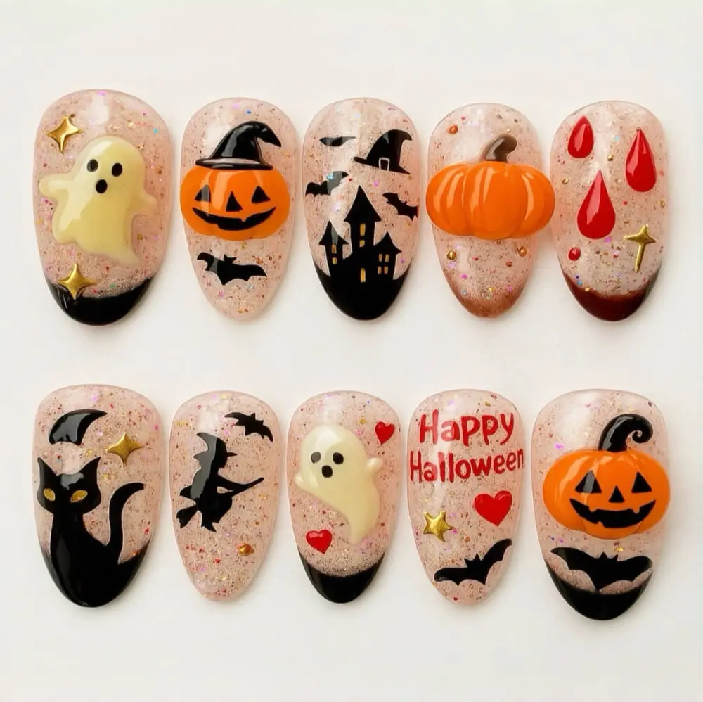 Nailhour 30Pcs Gilded Halloween 3D Medium Almond Press On Nails