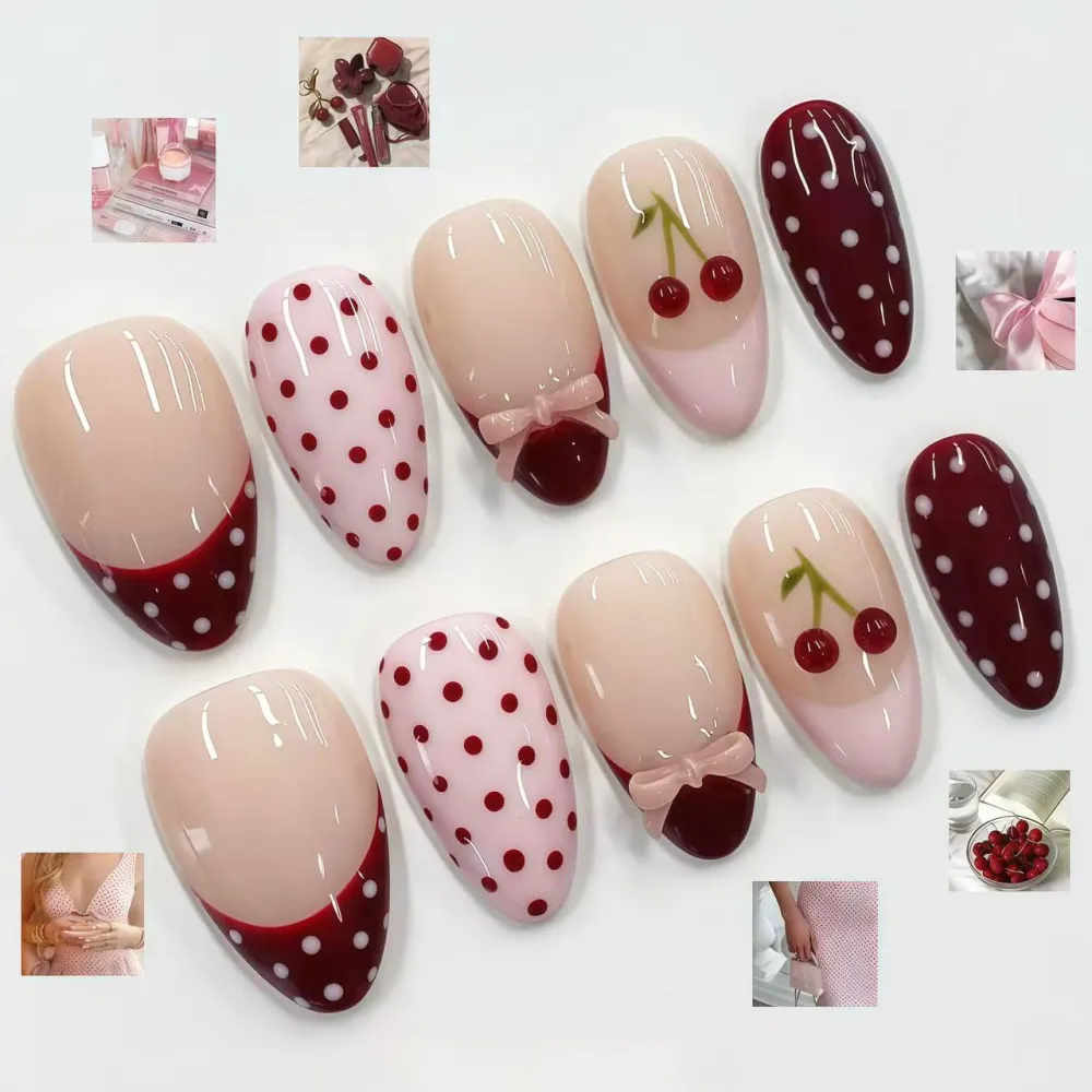 Nailhour 30Pcs French Pink 3D  Medium Almond Press On Nails