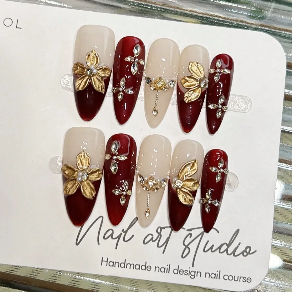 Nailhour 10Pcs 3D Rhinestone Red Gilded Long Almond Press On Nails