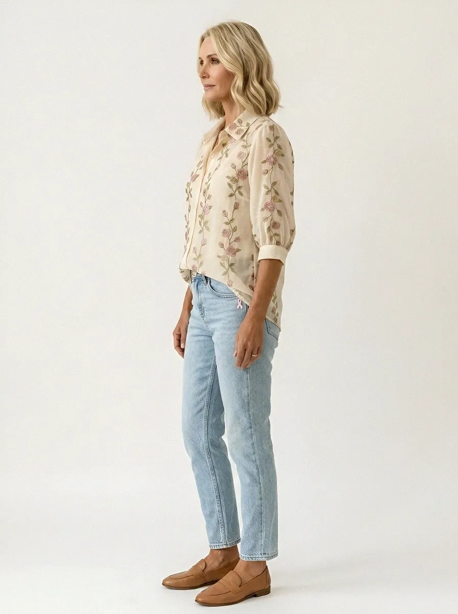 Women's Breast Cancer Awareness Pink Rose Floral Embroidered Button-up Shirt