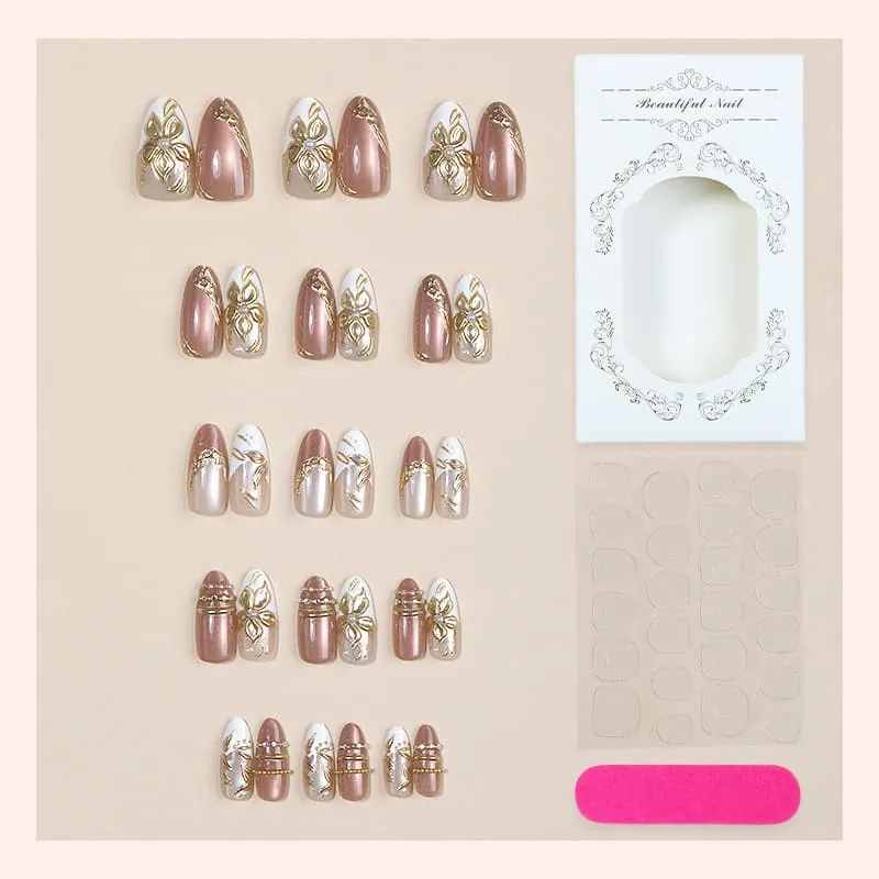 Nailhour 30Pcs Cat Eye French Gilded Medium Almond Press On Nails
