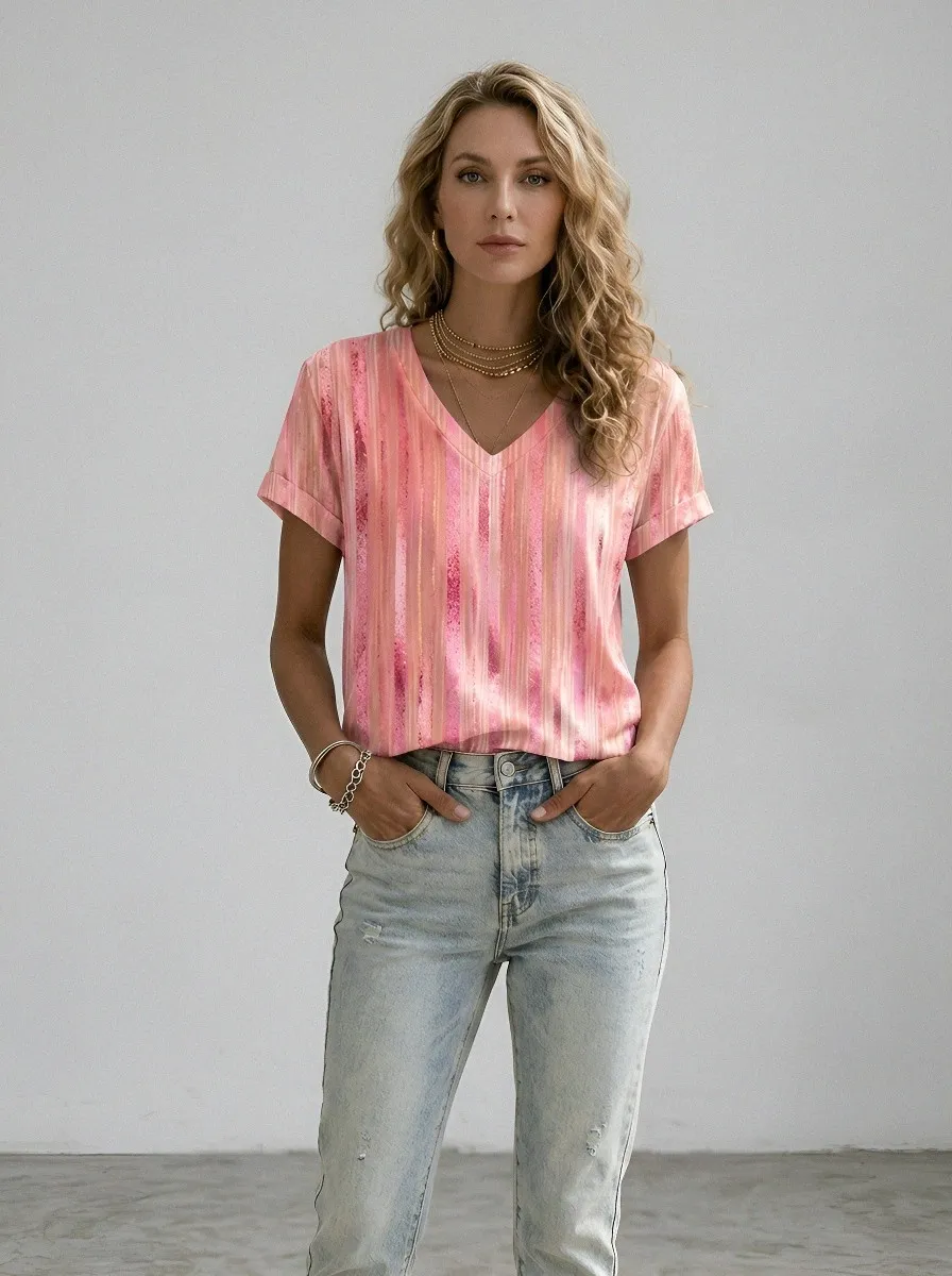 Women's Breast Cancer Awareness Pink Striped Printed V-Neck T-Shirt