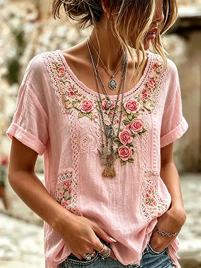 Women's casual floral print cotton and linen round neck top