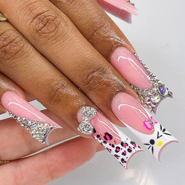 Nailhour Handmade 24Pcs Cute Leopard Cat Long Square Rhinestone Press On Nails