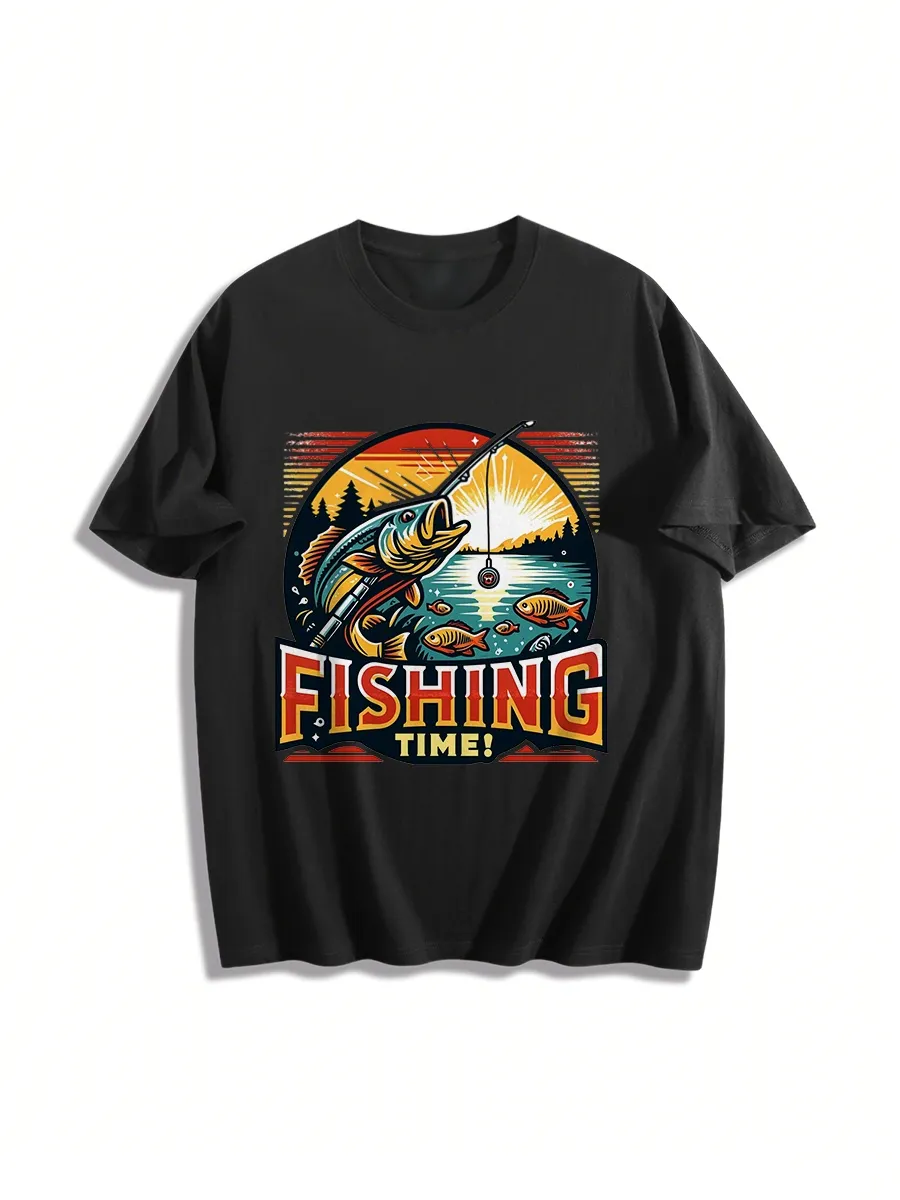 Colorful Fishing Scene Graphic T-Shirt