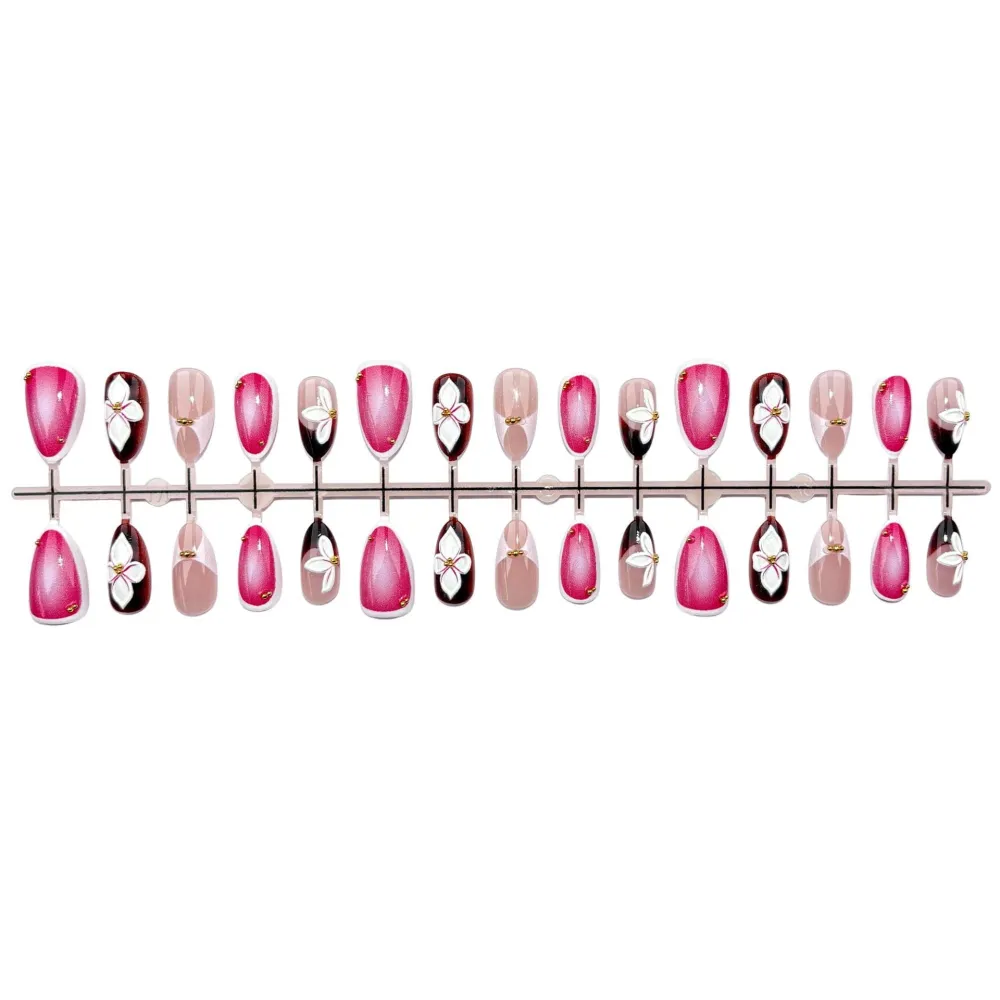 Nailhour 30Pcs Pink & Brown Floral 3D Medium Almond French Press On Nails