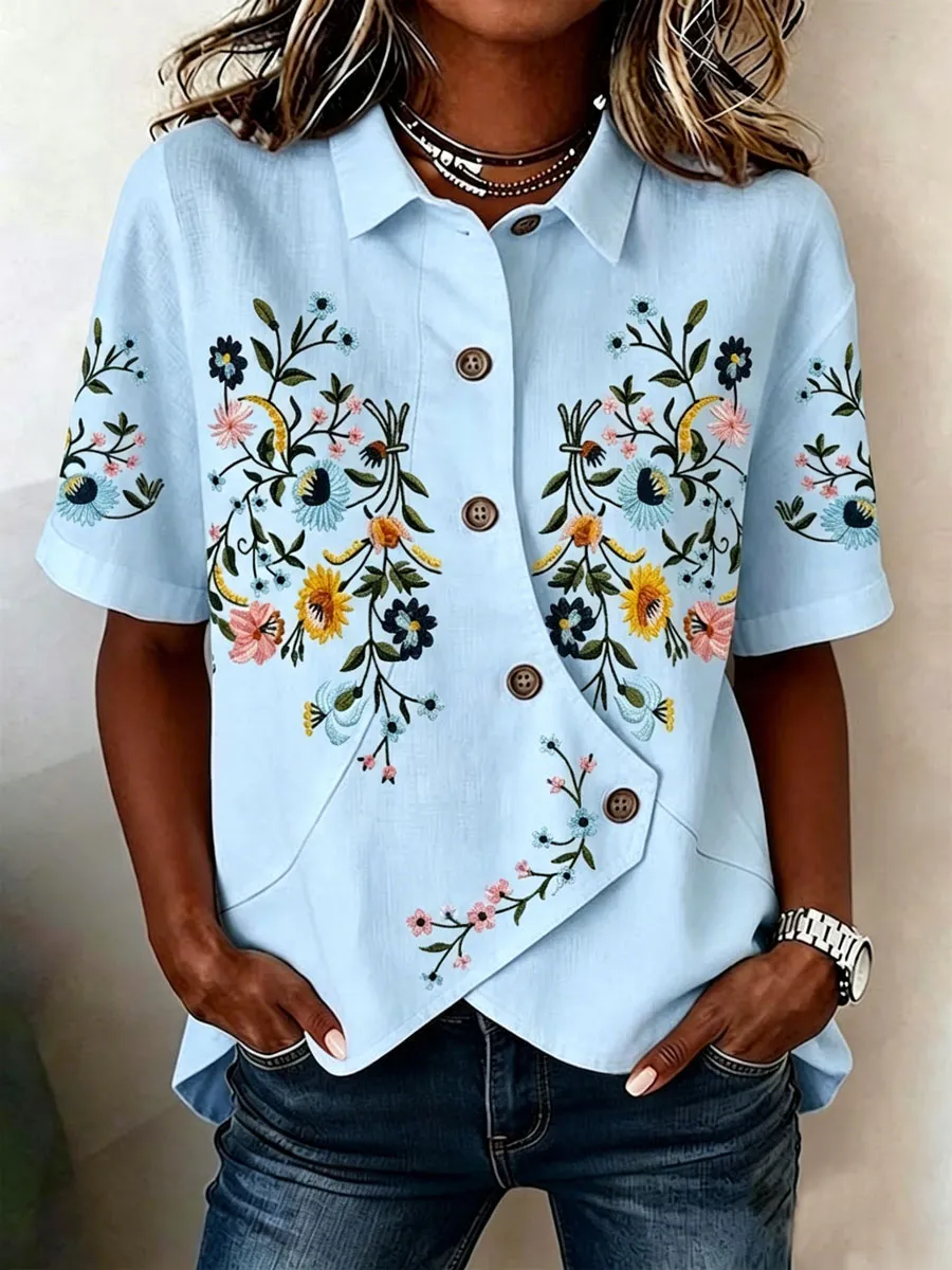 Women'S Cotton And Linen Casual Print Top