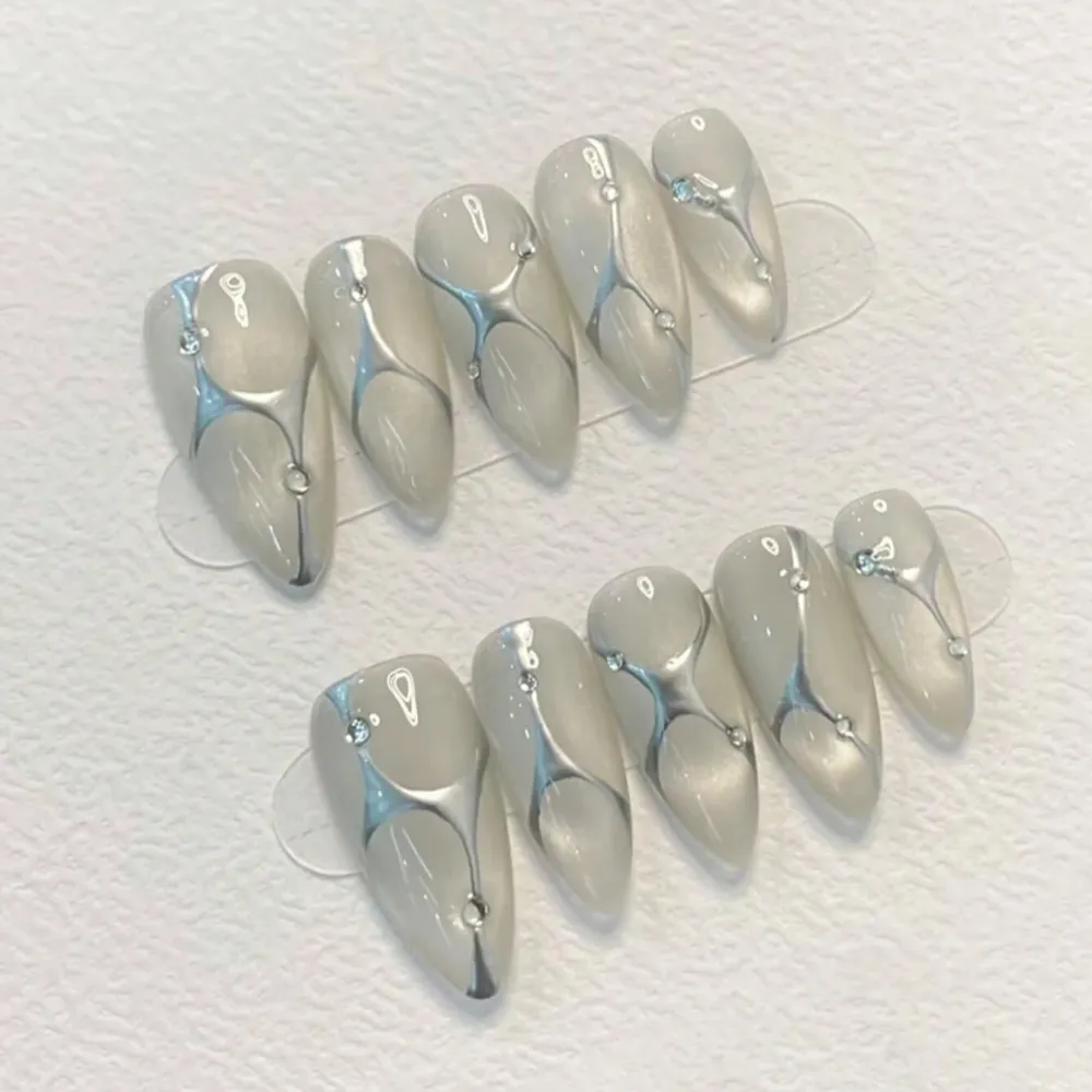 Nailhour 10Pcs Handmade Y2K Medium Almond White Chrome Cat Eye Press On Nails