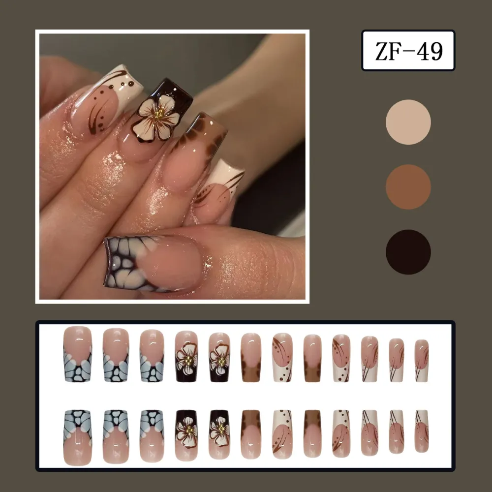 Nailhour 24Pcs French Medium Square 3D Gilded F/W Press On Nails