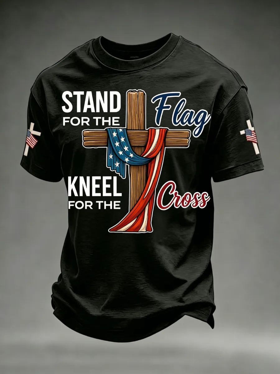 Men's America's 250th Anniversary Stand For The Flag Kneel For The Cross Faith Christian Cross Print T-Shirt
