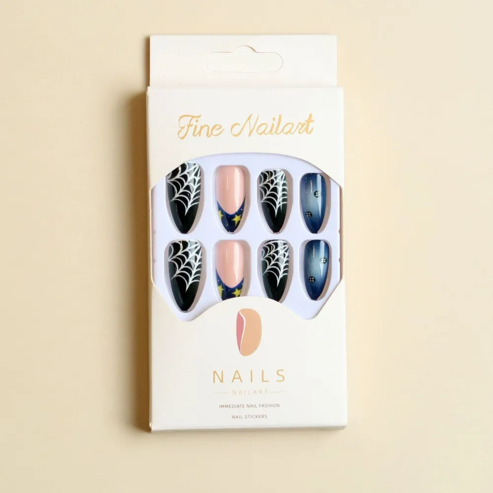 Nailhour 24Pcs Halloween Blue French Medium Almond Press On Nails