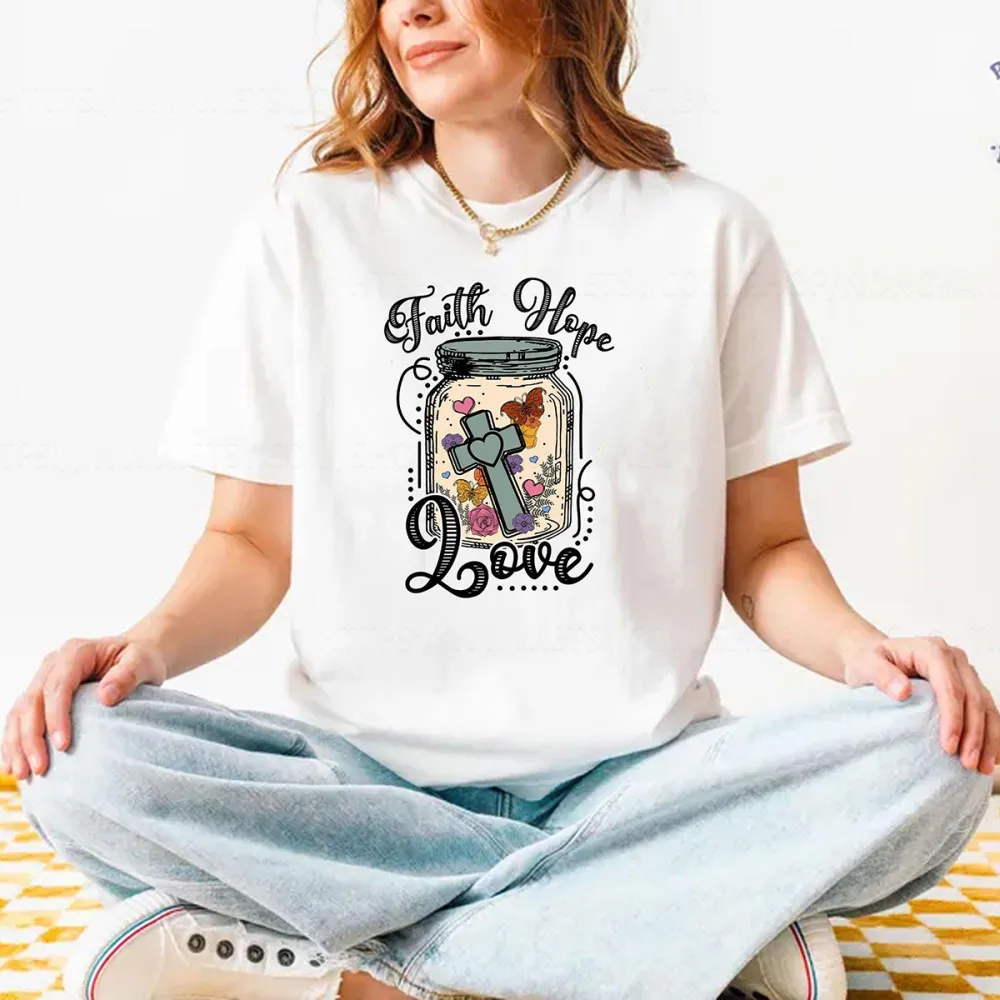 T-shirt Faith Hope Love Women Printed Round Neck Short Sleeve