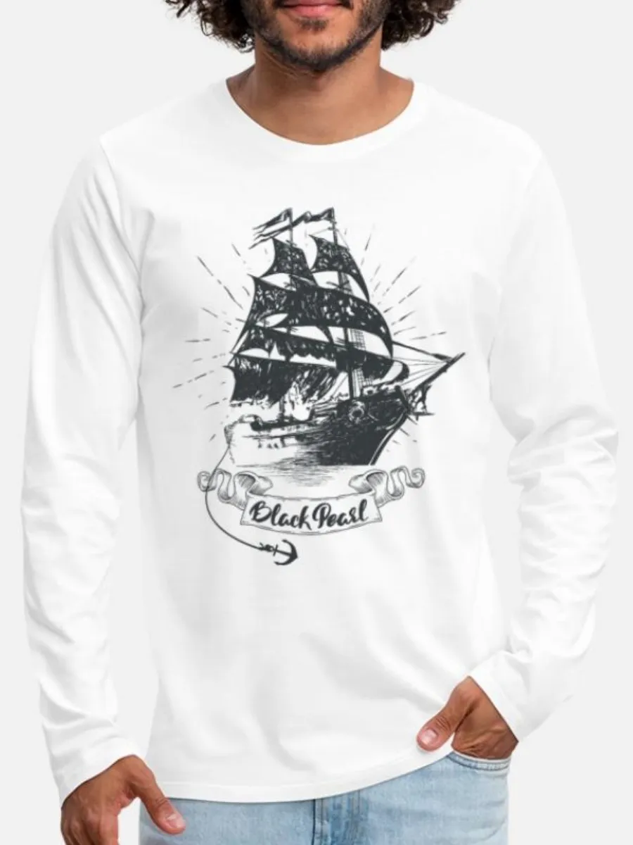 Men's Pirate Ship Print Casual Style Long-Sleeved T-Shirt