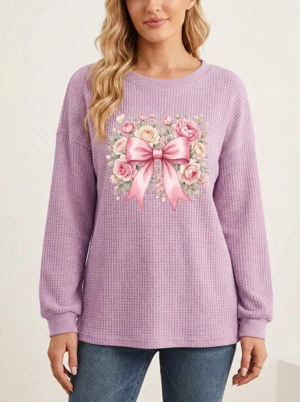 Women's Breast Cancer Awareness Pink Bow Floral Printed Waffle Knit Sweatshirt