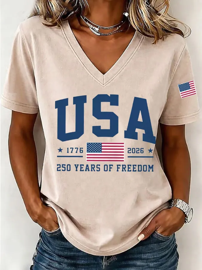 Women'S America Flag Floral Print Casual V-Neck T-Shirt