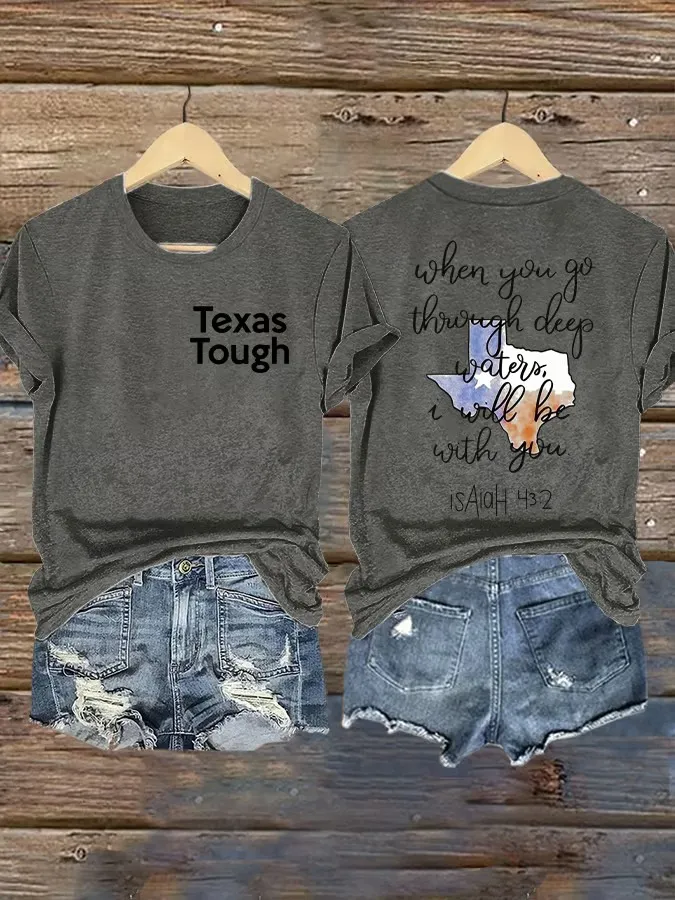 Retro Texas Tough Print Round Neck T-Shirt