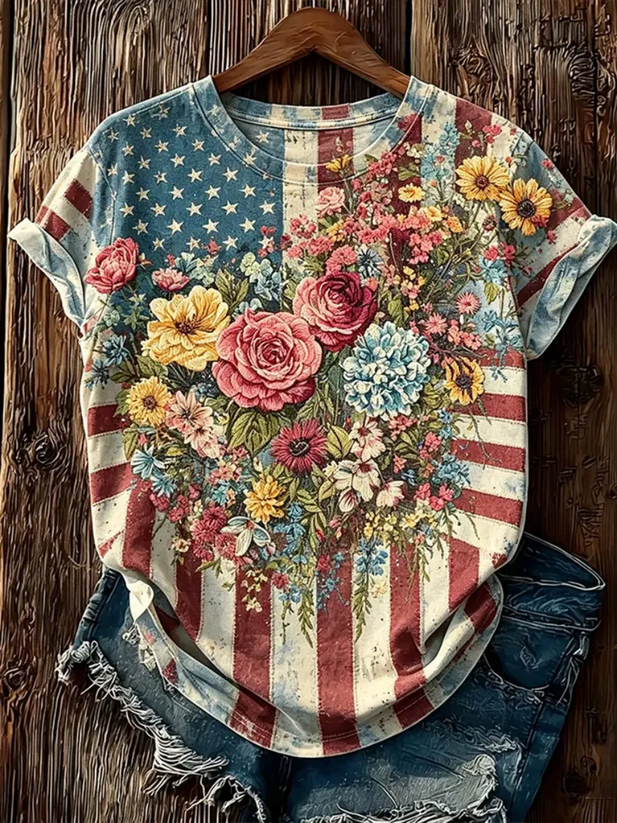 American Flag Elements And Floral Pattern Retro Casual Washed T-shirt
