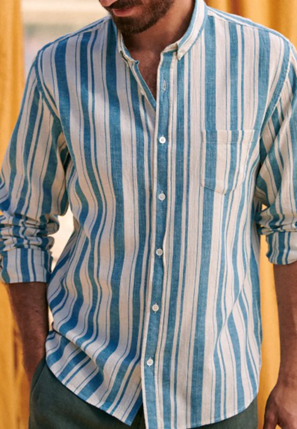 Cotton Linen  Shirt-Ecru Turquoise Stripes