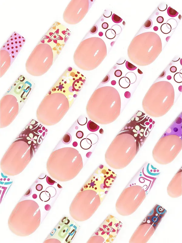 Nailhour 24pcs Medium Square Features White French Tips With Pink Circle Accents Press On Nails