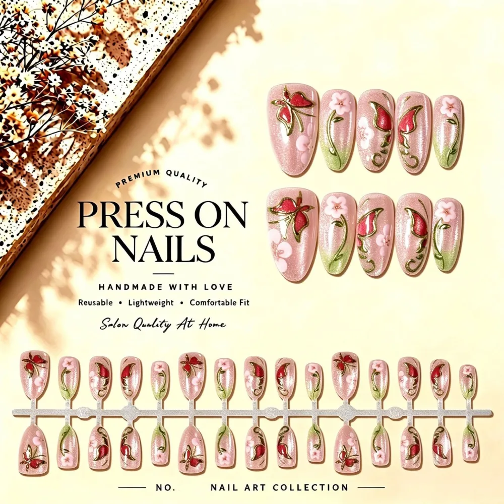 Nailhour 30Pcs Pink & Green Cat Eye Medium Almond French Press On Nails