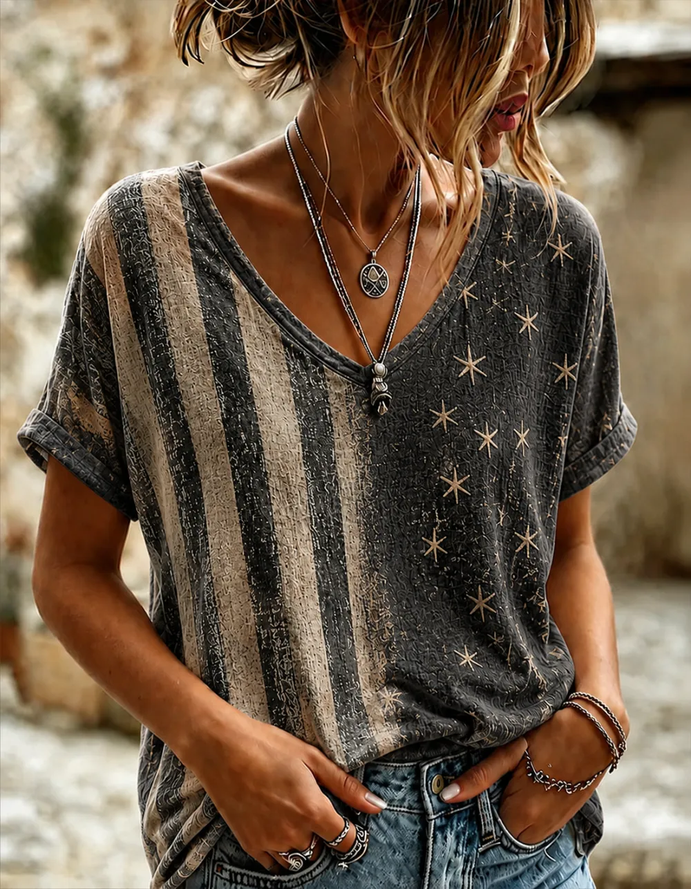 Women'S Retro Independence Day Printed Casual Short Sleeved T-Shirt