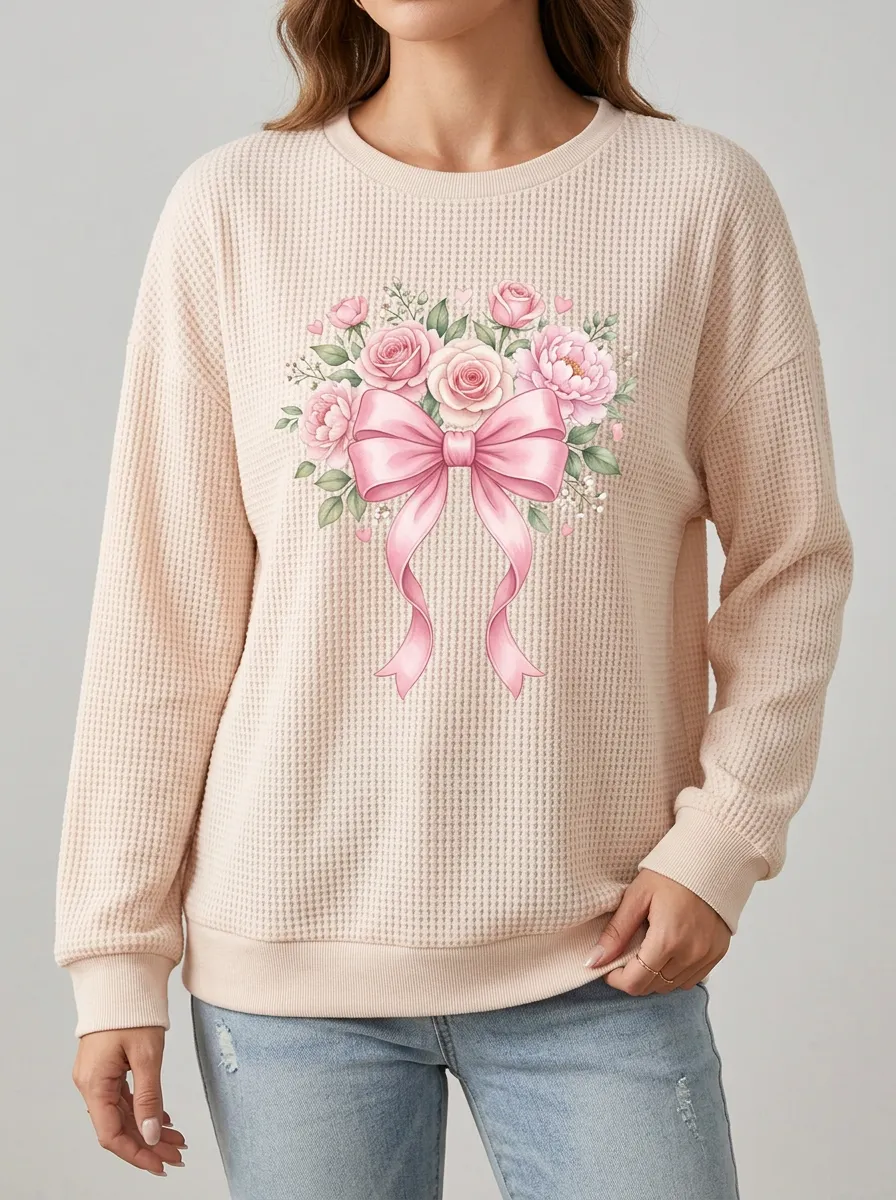 Women's Breast Cancer Awareness Pink Ribbon Floral Bow Printed Sweatshirt