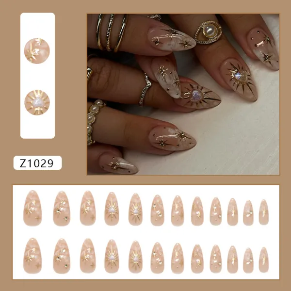 Nailhour Nude Gold Star 24Pcs 3D Handmade Press On Nails