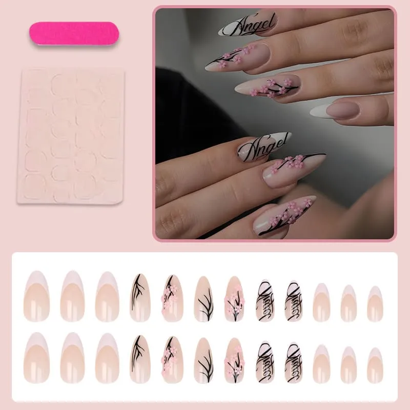 Nailhour 24Pcs Pink Cherry Blossom Medium Stiletto French Press On Nails