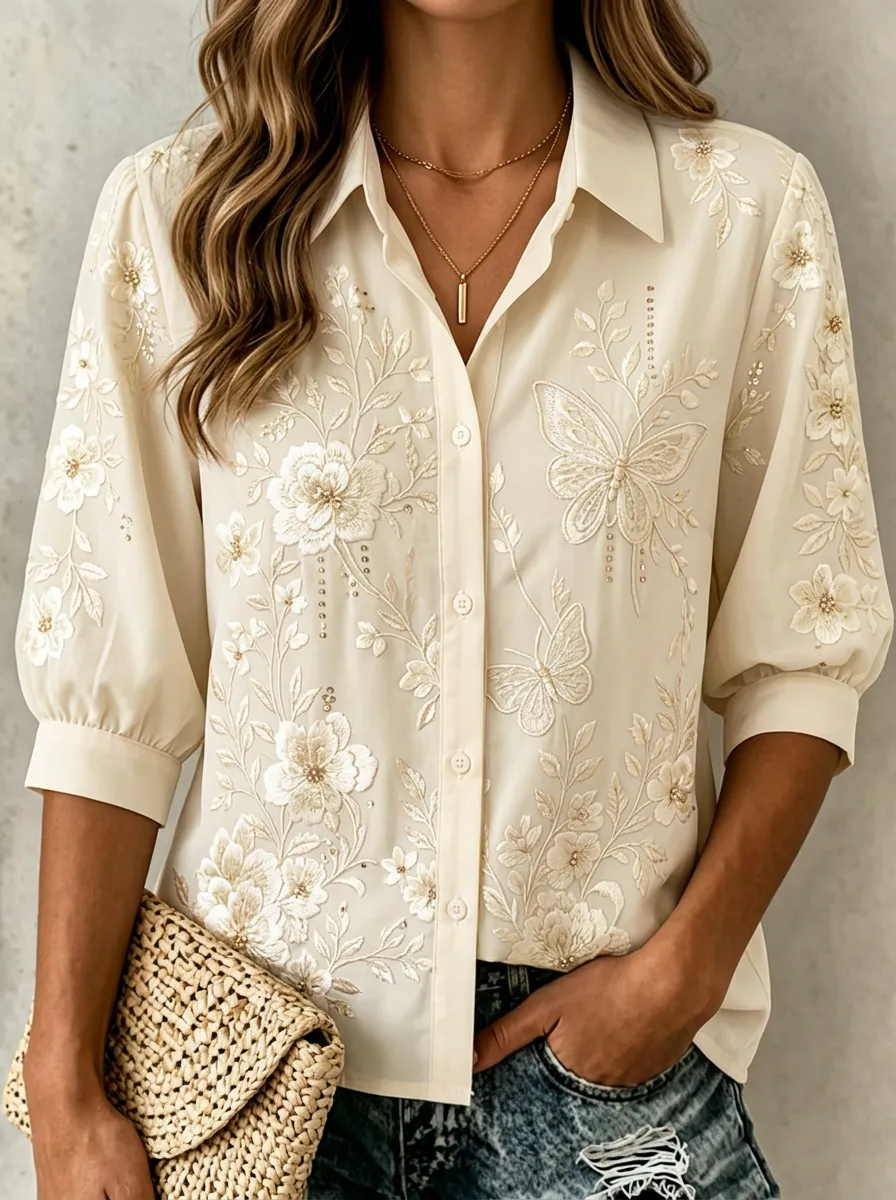 Women's Breast Cancer Awareness Butterfly Floral Embroidered Button-up Shirt
