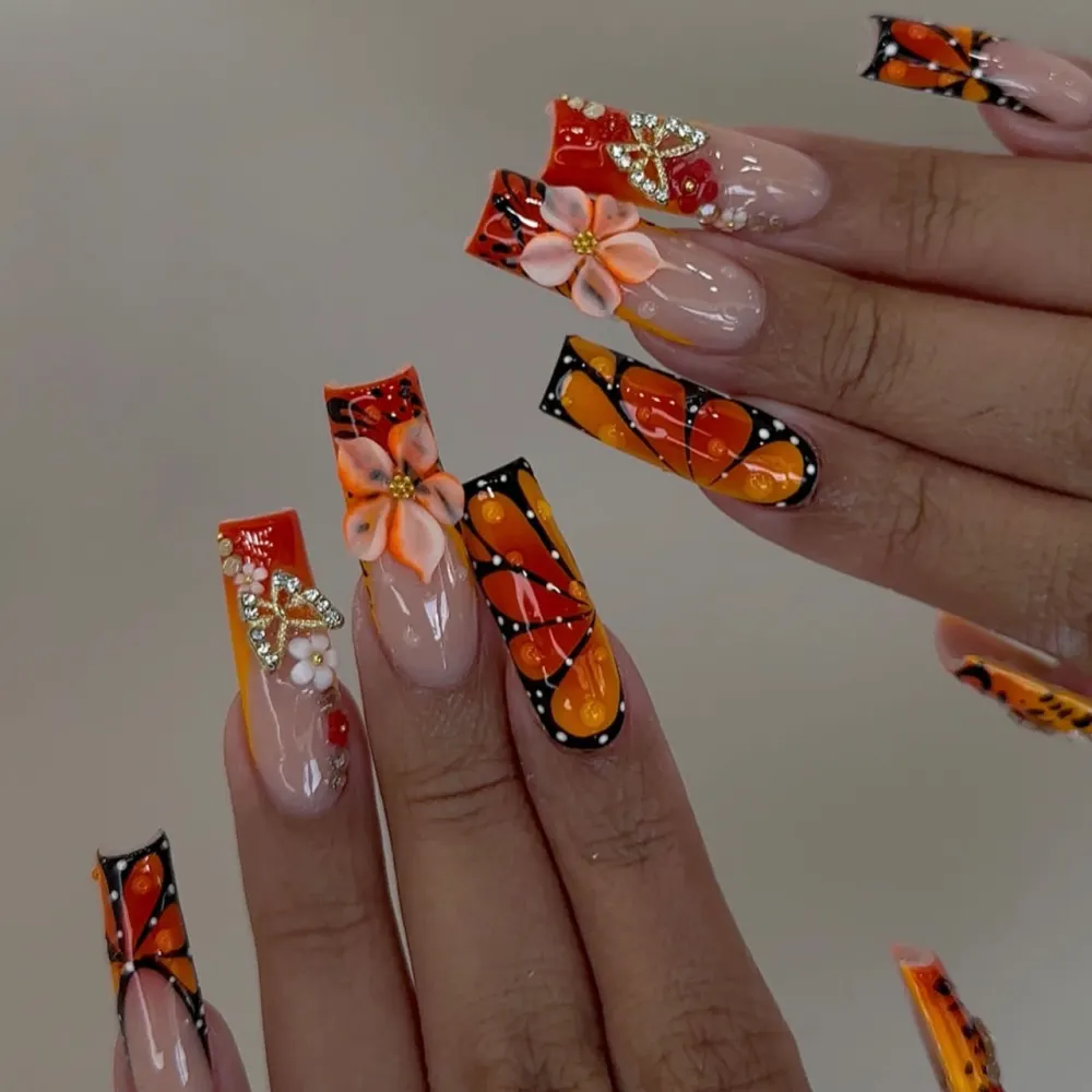 Nailhour Holiday 3D Orange Floral Butterfly 24Pcs Square Press On Nails