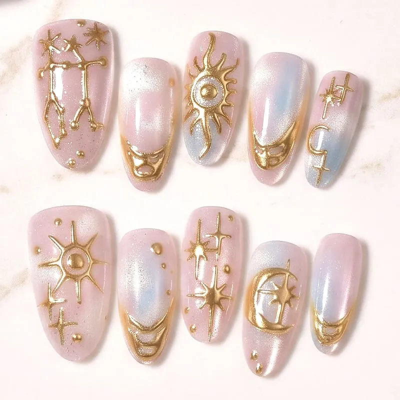 Nailhour 30Pcs Cat Eye Gradient Medium Almond French Press On Nails