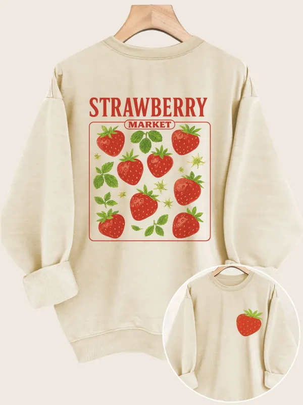 Double-Sided Strawberries And Green Leaves Print Long Sleeve Women Sweatshirt